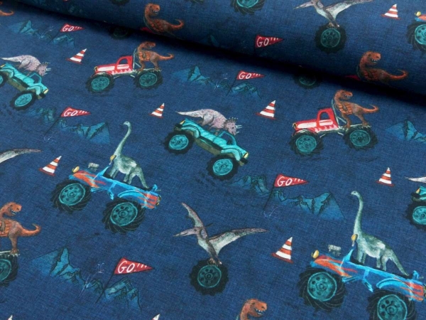 French Terry Digital Druck angeraut 'Monster Truck Dinos