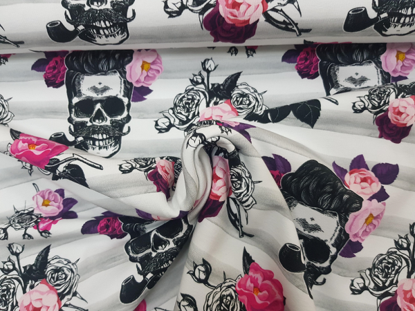 Skulls/Totenkopf mit Rosen auf Streifen French Terry/Sommersweat