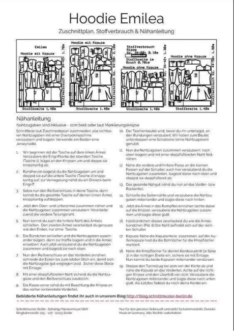 Hoodie Emilea - Papierschnittmuster Schnittmuster Berlin