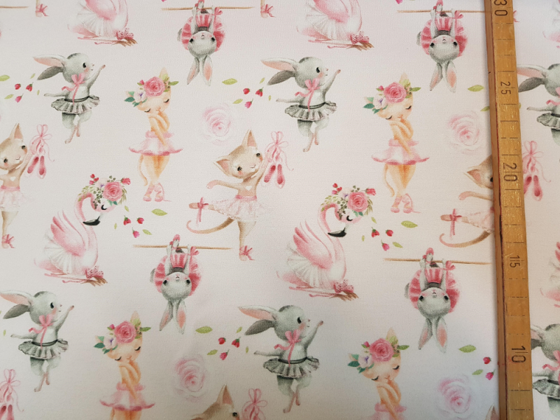 French Terry Digitaldruck Ballerina Katze Hase Flamingo auf rosa