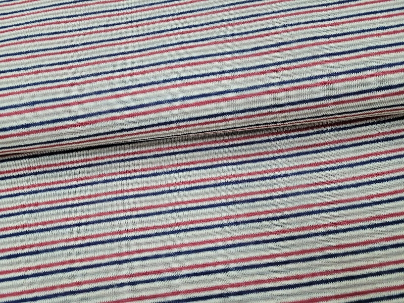 Italienischer Strick-Baumwoll-Leinen rot/blau/beige gestreift